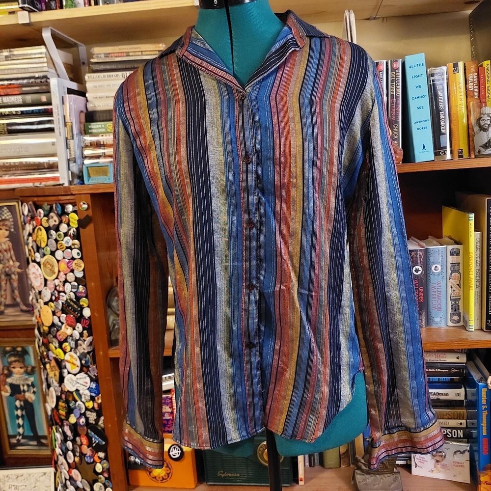 Vintage Stuart Lang 80s Striped Button‎ Up Blouse Navy Silver Grey Size 11/12